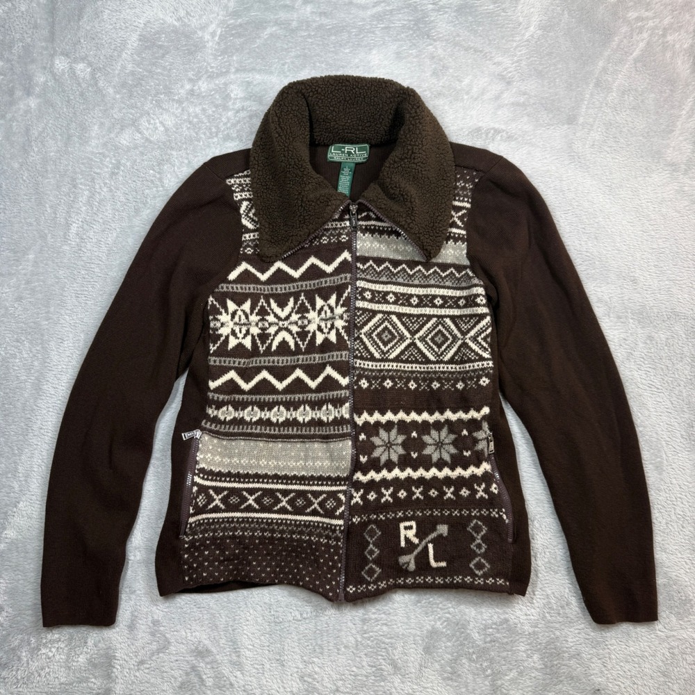 Lauren Ralph Lauren Full Zip Sweater Womens L Brown Fair Isle Sherpa Collar